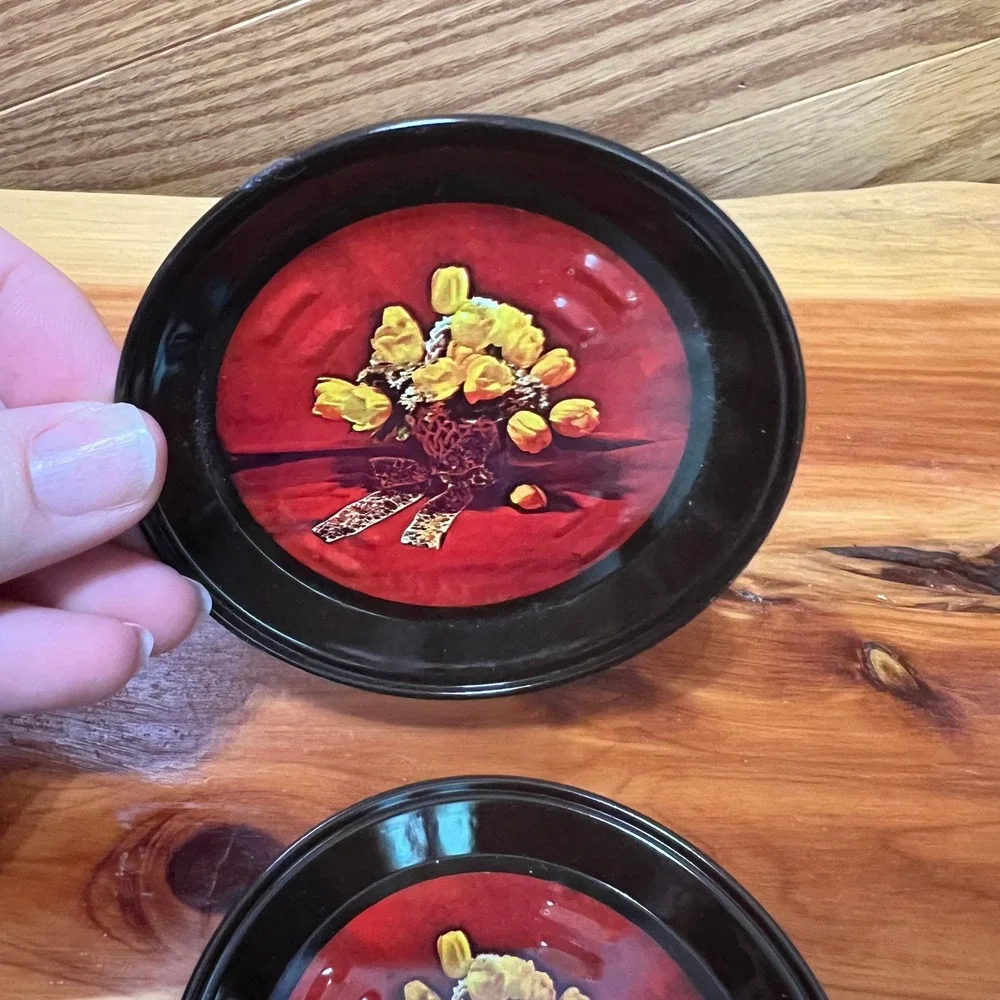 Vintage Tin Floral Drink Coasters Set of 6 Retro Flower Prints Metal Kitsch‎